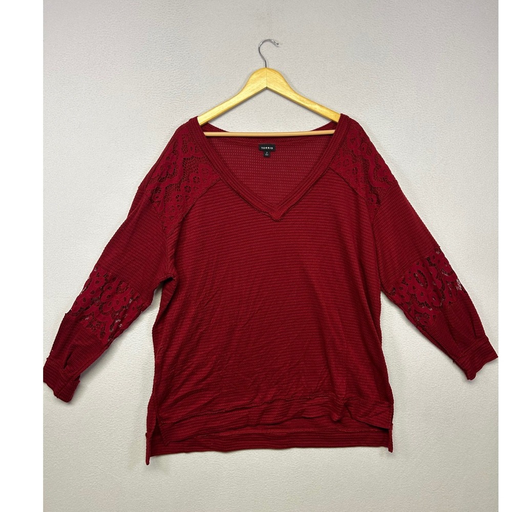 Boho Romantic Torrid Womens 2 Burgundy Red Lace Waffle Knit V-Neck Top